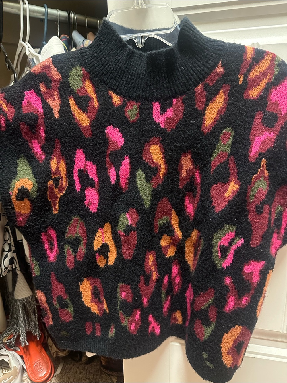 entro Black Mock Neck Sweater with Pink, Orange & Green Leopard Print
